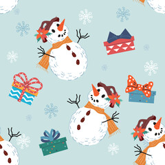 Christmas New Year seamless pattern or wrapping paper design with snowman and holiday gifts on blue background, flat vector illustration. Winter pattern for fabric and Christmas and New Year cards.