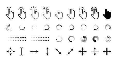 Pointer and loading icons. Computer cursor arrow and loading sign, click and wait symbol, web address and thumb pointing. Vector isolated set of mouse pointer computer, cursor hand illustration - obrazy, fototapety, plakaty