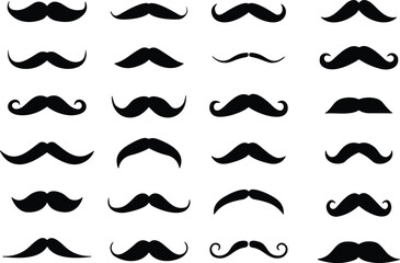 Different mustache set. Hipster mustache collection. Mustaches. Black silhouette of adult man mustaches. Symbol of Fathers day. Vector illustration