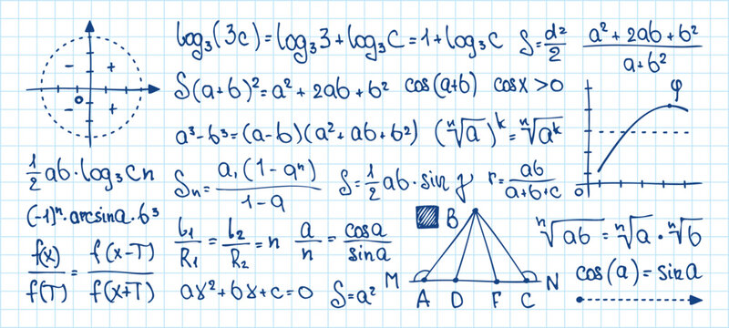 Hand drawn math symbols. Blackboard chalkboard with equation and integral, trigonometry and algebraic calculations. Vector isolated set of education mathematics on board illustration