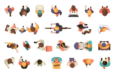 People view from above. People from air. Cartoon characters from air, persons on bike, woman with baby, man on scooter, teen on skateboard. Vector isolated set of movement community illustration - obrazy, fototapety, plakaty