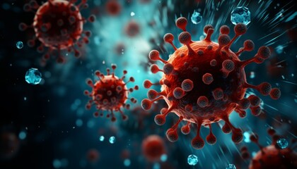 Flu covid 19 virus cell on dark blue background, depicting covid 19 outbreak and influenza - obrazy, fototapety, plakaty