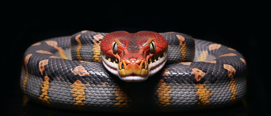 Fototapeta premium Front view Attacking viper snake on black background, close up reptile sneaky, slimey and sly Snake head Photo Series. Generative ai