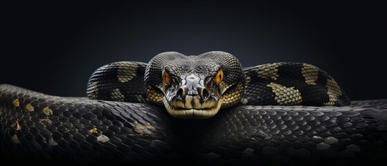 Fototapeta premium Front view Attacking viper snake on black background, close up reptile sneaky, slimey and sly Snake head Photo Series. Generative ai