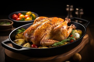Fototapeta premium Tantalizing and mouthwatering roast chicken cooking to perfection in a sizzling hot pan
