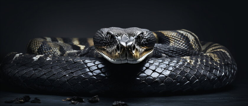 Front view Attacking viper snake on black background, close up reptile sneaky, slimey and sly Snake head Photo Series. Generative ai