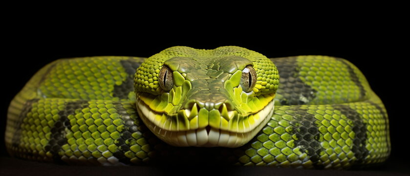 Front view Attacking viper snake on black background, close up reptile sneaky, slimey and sly Snake head Photo Series. Generative ai