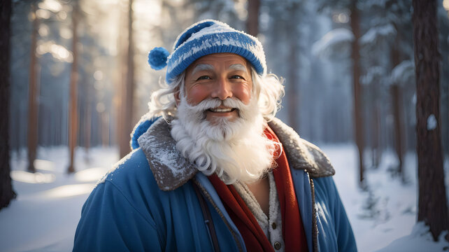 Enchanting Santa Claus portrait in a snowy pine forest, 50mm lens magic. Serene blue tones, genuine smile, soft winter sunlight.
