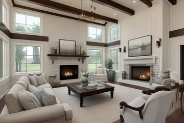 This stunning living room in a newly built luxurious home has a charming farmhouse aesthetic. It boasts gorgeous hardwood flooring, elegant white shiplap walls, a cozy fireplace, ai generated