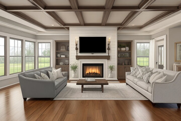 This stunning living room in a newly built luxurious home has a charming farmhouse aesthetic. It boasts gorgeous hardwood flooring, elegant white shiplap walls, a cozy fireplace, ai generated