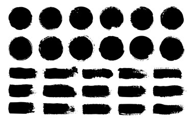 Brush round strokes. Abstract round brushstrokes with splatter, paint and dry brushmarks for watercolor graffiti and dry brush art. Vector isolated set of brushstroke texture paintbrush illustration
