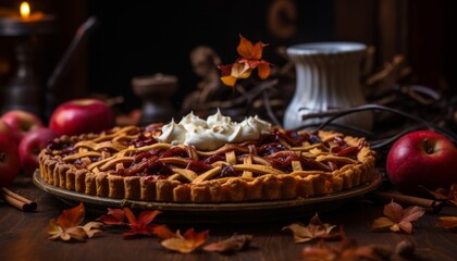 Homemade apple pie on rustic wooden background, a delectable treat for autumn indulgence