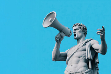 A statue of a man with a megaphone in his mouth on solid blue background. ai generative