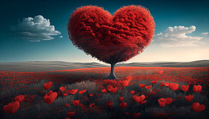 Herz als Baum Baumkrone in Herzform zu Valentinstag Tag der Liebe Karte Grußkarte Vorlage Kartenmotiv Mohnfeld Mohnblumen Generative AI - obrazy, fototapety, plakaty