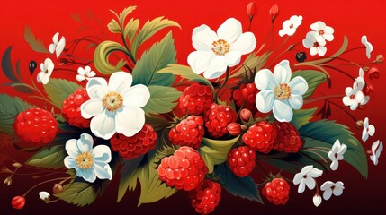 Spring flowers on red background, berries, leaves, floral pattern