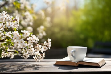 White coffee cup and open book with spring flowers on a wooden table, embracing spring vibes - Powered by Adobe