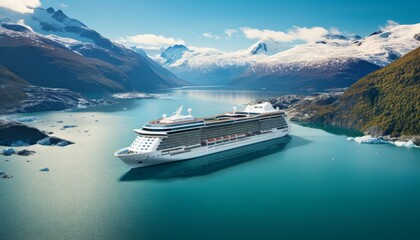 Spectacular views of large cruise ship sailing through northern seascape with glaciers - obrazy, fototapety, plakaty