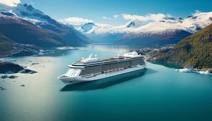 Poster Spectacular views of large cruise ship sailing through northern seascape with glaciers © Ilja