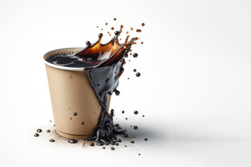 Plastic or cardboard cup of black coffee with splashes. Splash coffee isolated on white background. ai generative