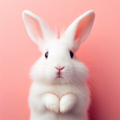 Naklejka premium Portrait of a white cute rabbit with surprised expression on a pink background. ai generative