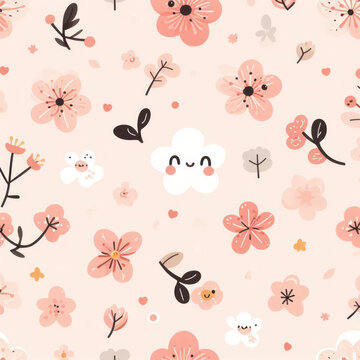 seamless pattern with cute cherry blossom, a simple design for baby room decor and nursery decoration. ai generative