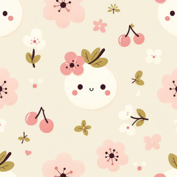 seamless pattern with cute cherry blossom, a simple design for baby room decor and nursery decoration. ai generative