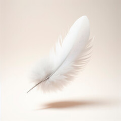 White levitating feather isolated on a light color background. ai generative