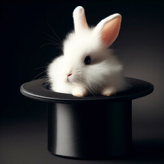 White rabbit in a black cylinder hat on a black background. ai generative - obrazy, fototapety, plakaty