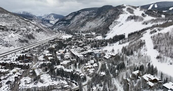 Aerial view of Vail, famous Colorado ski resort town in winter