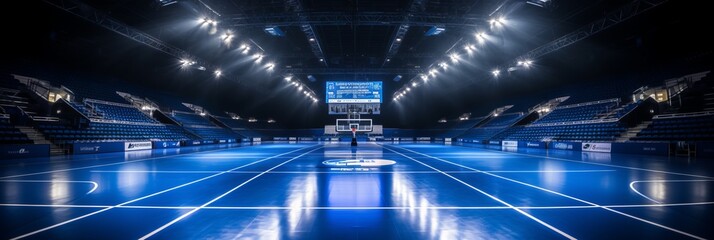 The title for this image could be spectacular empty basketball court shining in the dark arena - obrazy, fototapety, plakaty