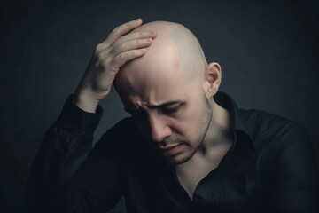 Man sad face bald head portrait. Depressed serious natural aged male. Generate Ai