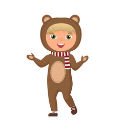 Christmas kids teddy bear costume. Winter party, holiday children carnival vector cartoon illustration