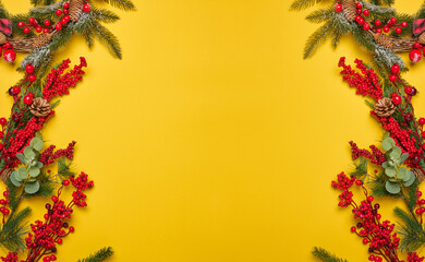 Fototapeta na wymiar Christmas fir branches with decor on a white background, top view. Copy space