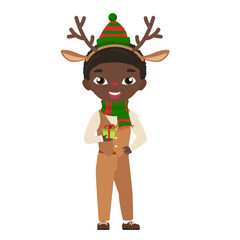 Christmas deer costume for children. Kids winter party, holiday carnival vector cartoon illustration