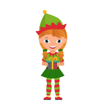 Christmas elf children costume. Winter holiday party carnival vector cartoon illustration