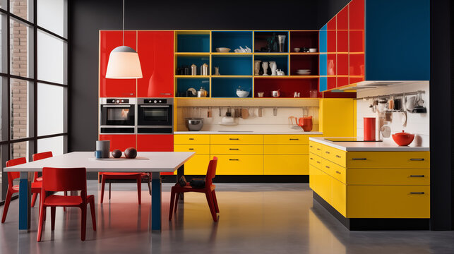 De Stijl style kitchen arrangement, ai generative