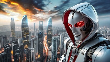 Futuristic bad robot looking badly with red eyes the city from top of scyscraper and he thinks something which is not good, selective focus - obrazy, fototapety, plakaty