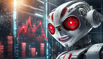 Fototapeta premium Futuristic bad robot looking badly with red eyes at bitcoin charts and he thinks something which is not good, selective focus
