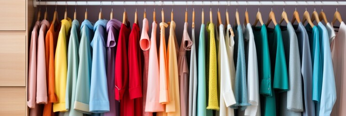 Vibrant and stylish fashion clothes hanging on a colorful clothing rack in a fashionable closet