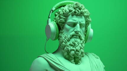 beautiful ancient Greek god sculpture using a modern headphones. pop art style. green background. copy space