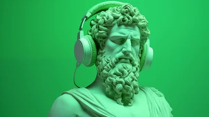 Foto op Plexiglas beautiful ancient Greek god sculpture using a modern headphones. pop art style. green background. copy space © ALL YOU NEED studio