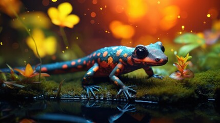  a blue and orange gecko sitting on top of a green moss covered field next to a body of water.