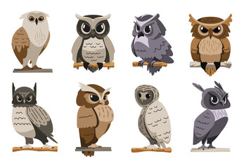 Owls collection. Cartoon owl face and eyes, flying predator bird heads with beak, eyes and feathers, wild zoo ornithology avatars. Vector flat set of character owl face illustration