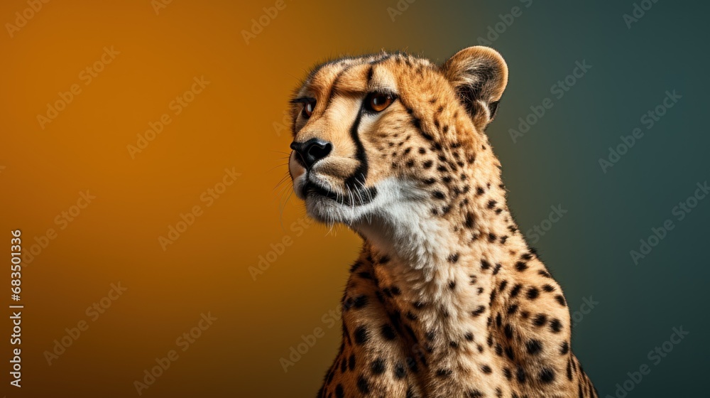 Poster a close up of a cheetah's face on a yellow and green background with a blurry background.