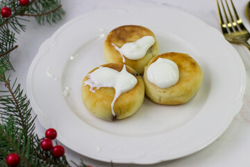Delicious cheesecakes with sour cream. Breakfast on a white plate among spruce branches