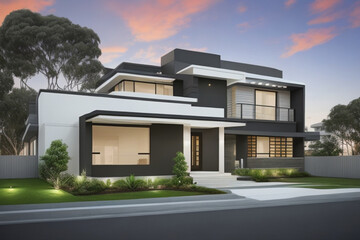 The front view or outer appearance of a newly constructed two story residence that features a contemporary design inspired by Australian architecture ai generated