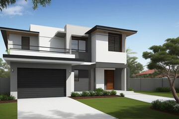The front view or outer appearance of a newly constructed two story residence that features a contemporary design inspired by Australian architecture ai generated