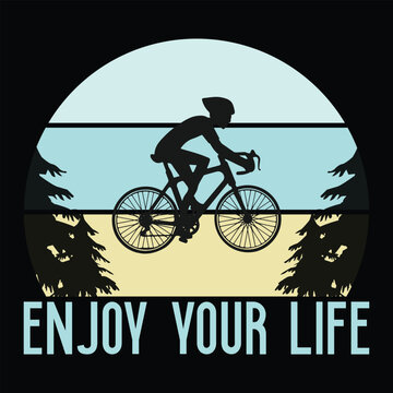 silhouette of a cyclist, enjoy your life,  Man and woman resting doing sports. Vector illustration in flat style. cyclist riding on the road with scenery of seaside and summer beach  background