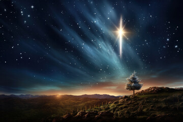 The star shines over the manger of Christmas of Jesus Christ. - obrazy, fototapety, plakaty