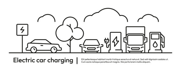 Electric car charging concept. Electric car battery charging, hybrid vehicle concept, sustainable transport energy concept. Vector illustration of car station electric © Frogella.stock